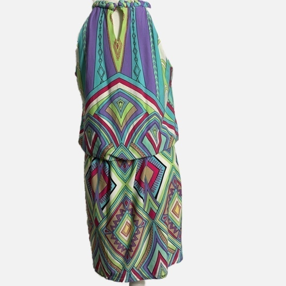 London Times Colorful Geometric‎ Diamond Print Halter Style Midi Dress - Picture 2 of 12